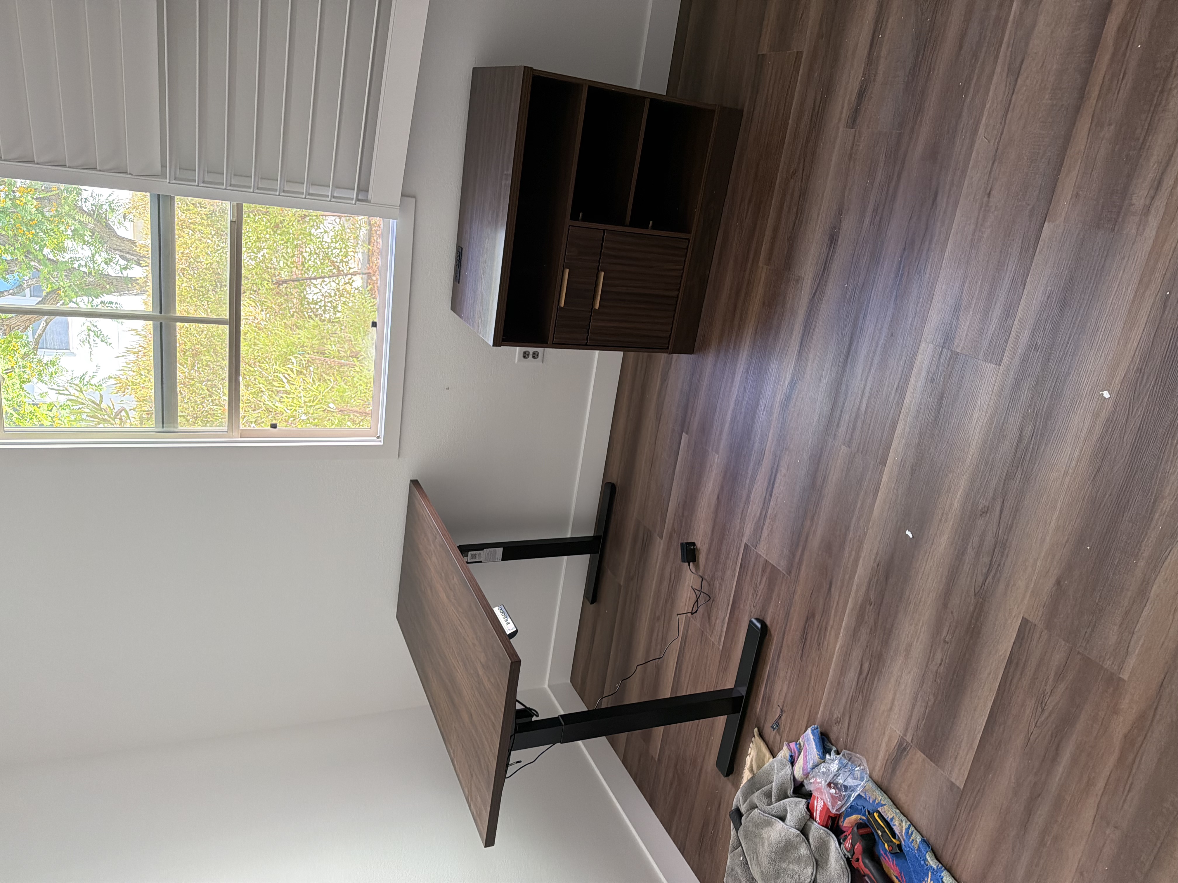 Standing desk and credenza assembled