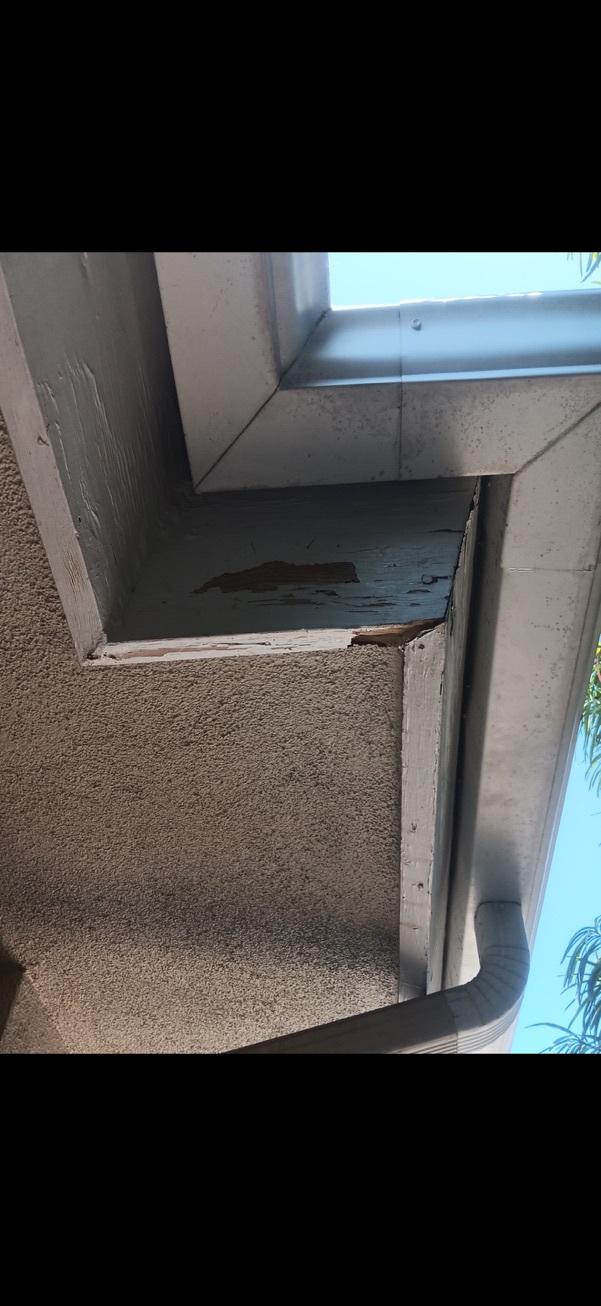 Rotted fascia board corner with peeling paint